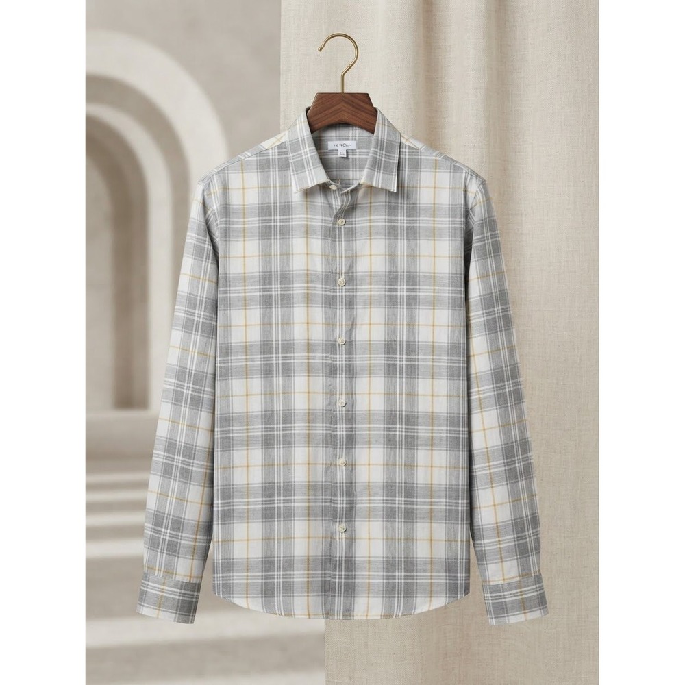 Calvin Klein Mens Grey White Yellow Plaid Long Sleeve Cotton Button Down ShirXL
